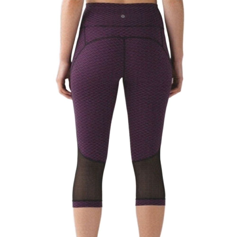Lululemon Gear Up Crop Black Purple Mesh Leggings Size 4 W6ACNS